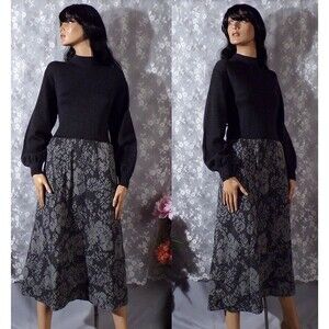 Vintage St. John 70s Black Gray Knit Floral Dress Size Medium Long Sleeve Goth